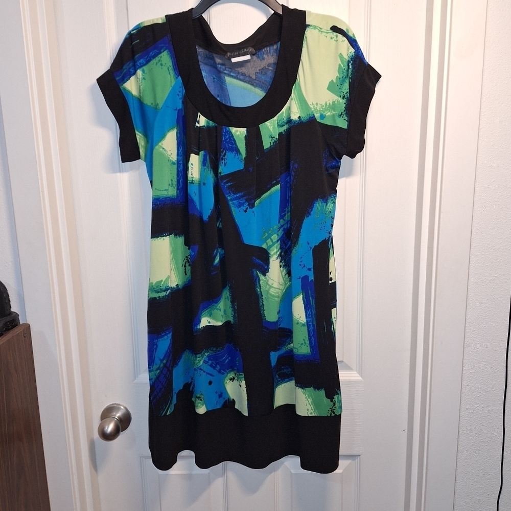 Blu Sage Black and Blue Patterned Mini Dress XL